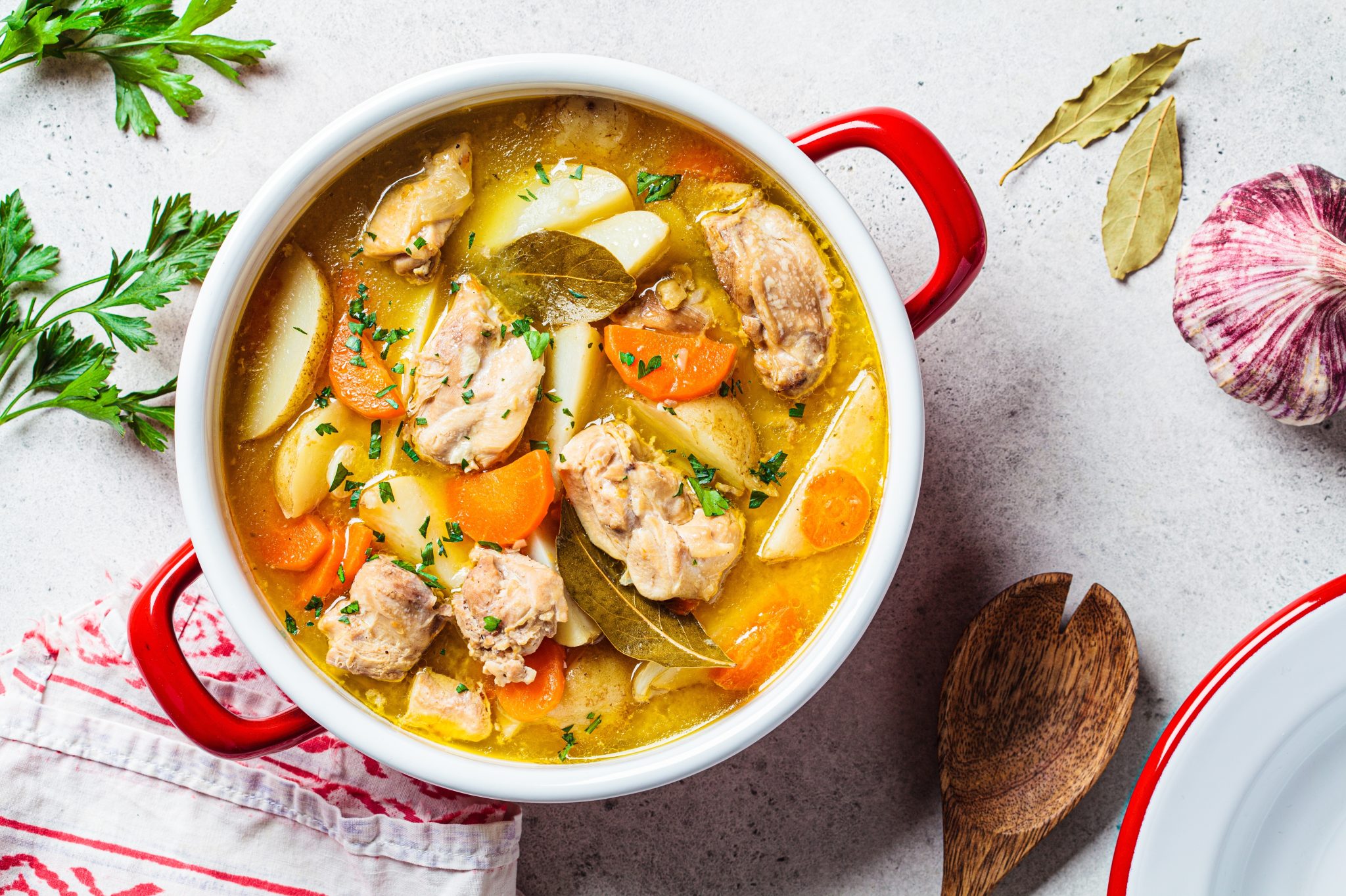 Chicken,Stew,With,Potato,And,Carrot,In,Red,Pot,,Top